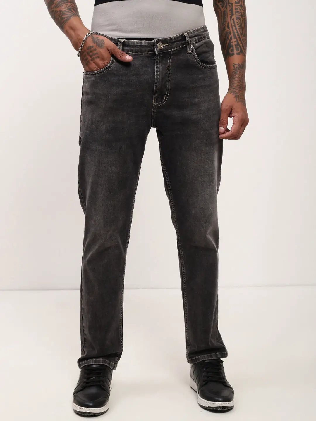 Men's Grey Solid Straight Fit Acid Wash Stretchable Jeans