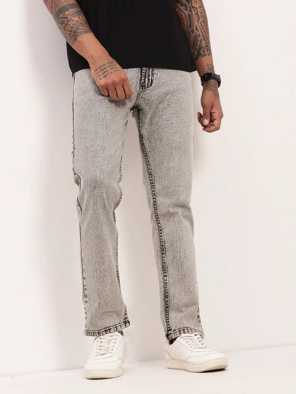 Men's Grey Solid Straight Fit Low-Rise Heavy Fade Jeans