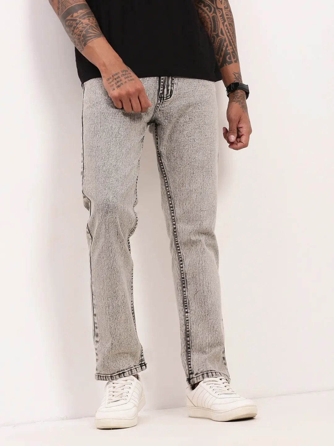 Men's Grey Solid Straight Fit Low-Rise Heavy Fade Jeans
