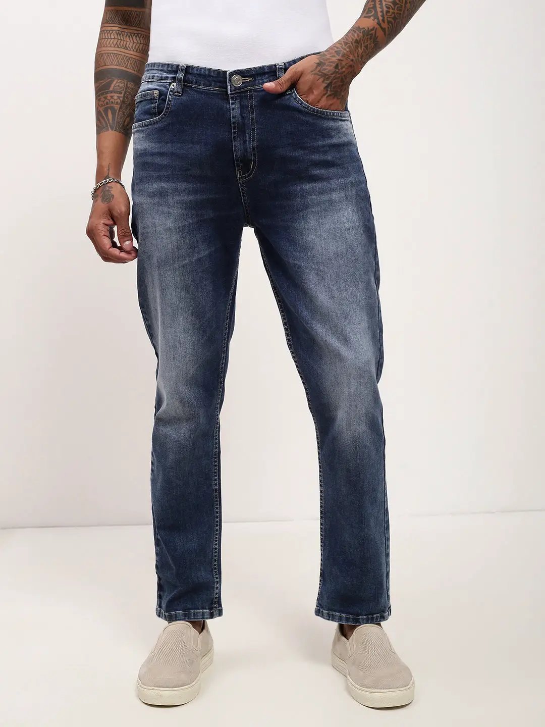 Men's Blue Solid Straight Fit Jeans