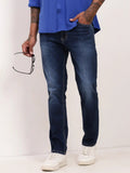 Men's Navy Blue Comfort Straight Fit Low-Rise Light Fade Acid Wash Jeans