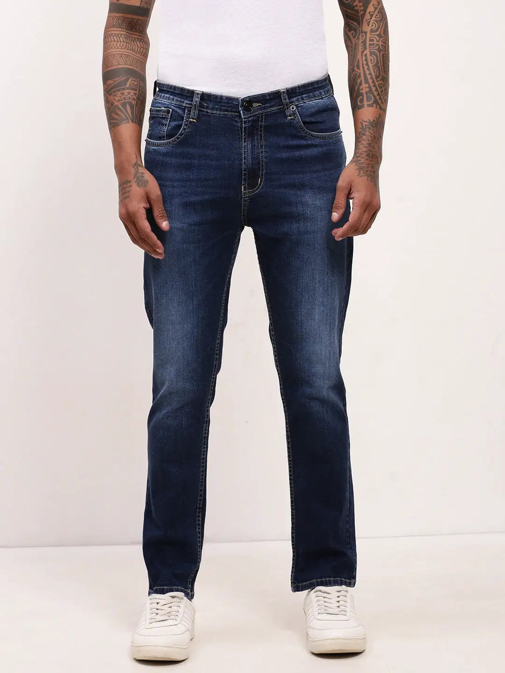 Men's Navy Blue Comfort Straight Fit Low-Rise Light Fade Acid Wash Jeans