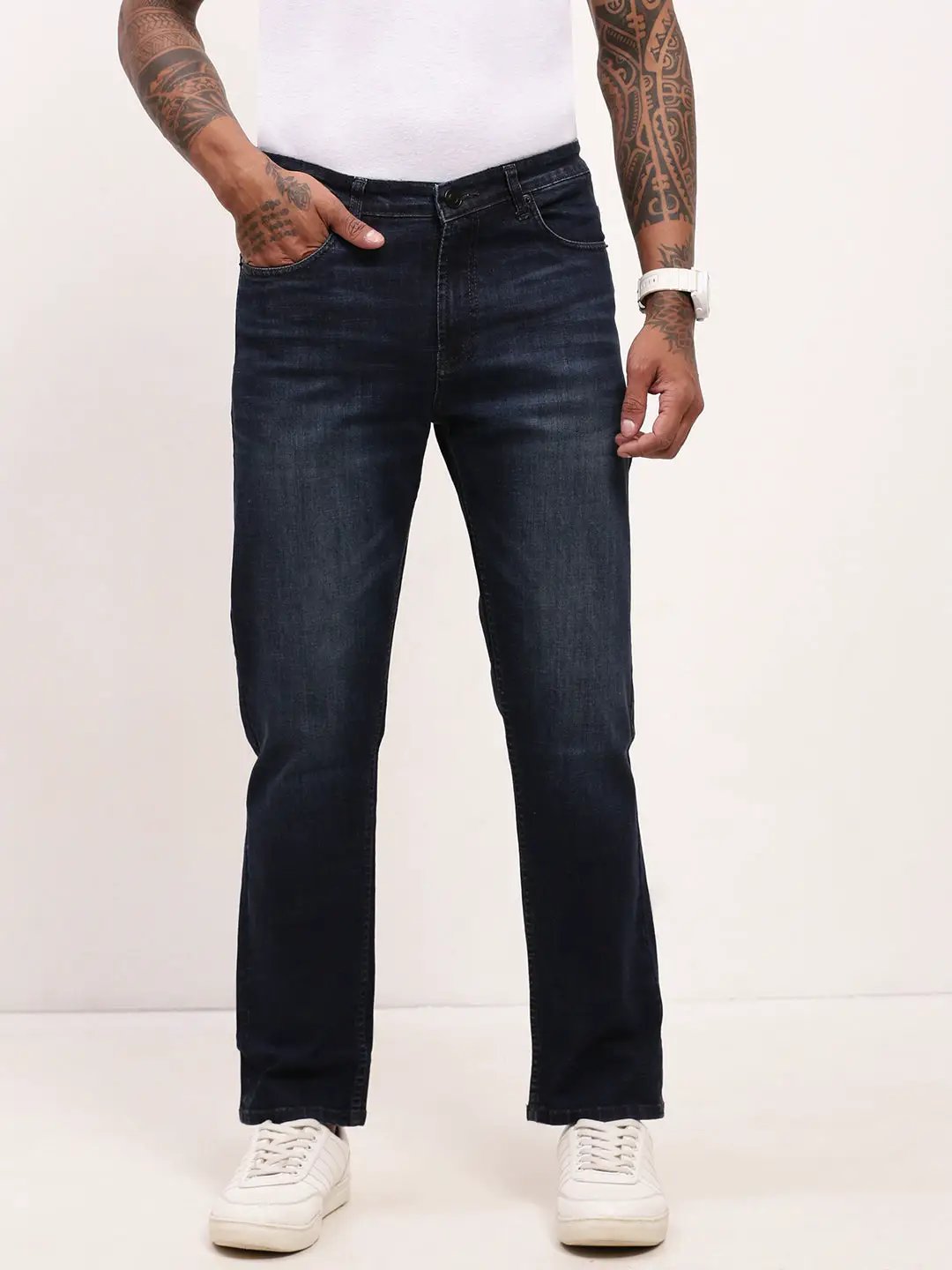 Men's Navy Blue Comfort Straight Fit Mid-Rise Light Fade Acid Wash Cotton Jeans