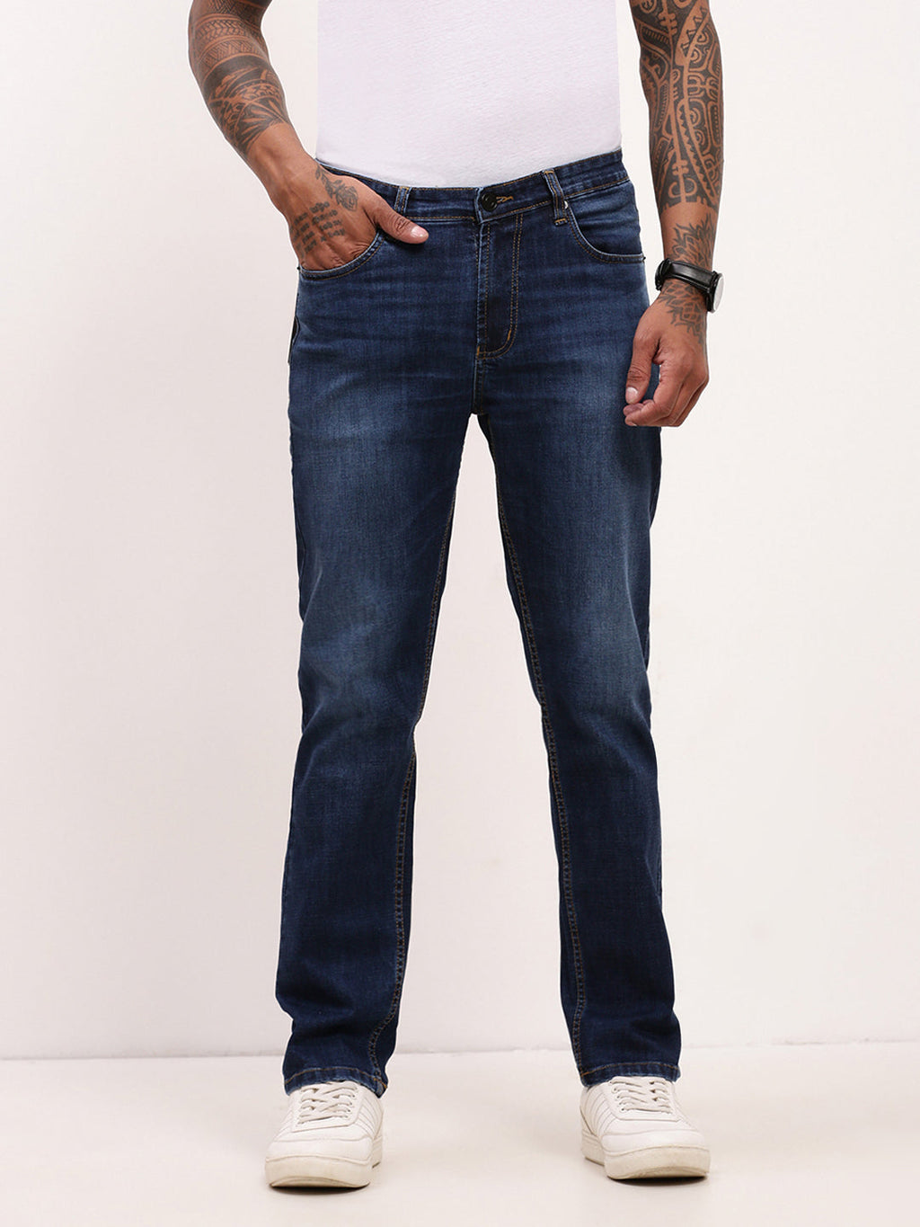 Men's Blue Solid Straight Fit Stretchable Jeans