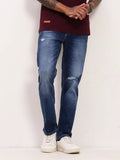 Men's Blue Solid Comfort Straight Fit Mildly Distressed Jeans