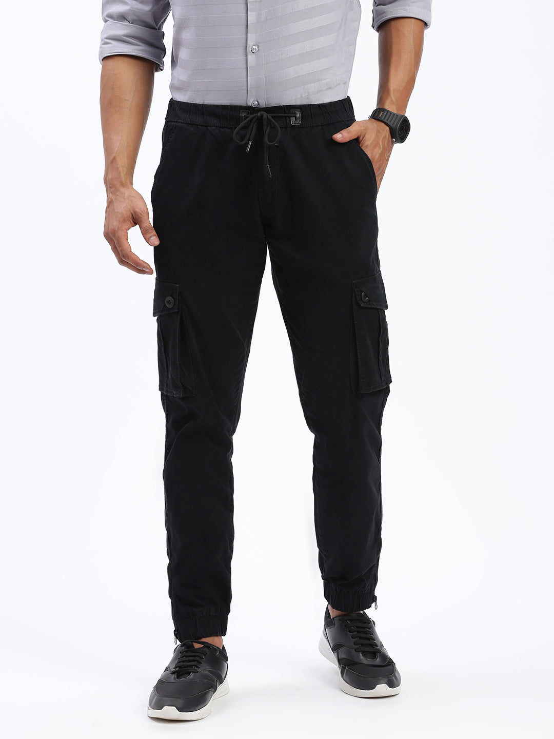 Men's Black Comfort Slim Fit Low-Rise Cotton Joggers Trousers
