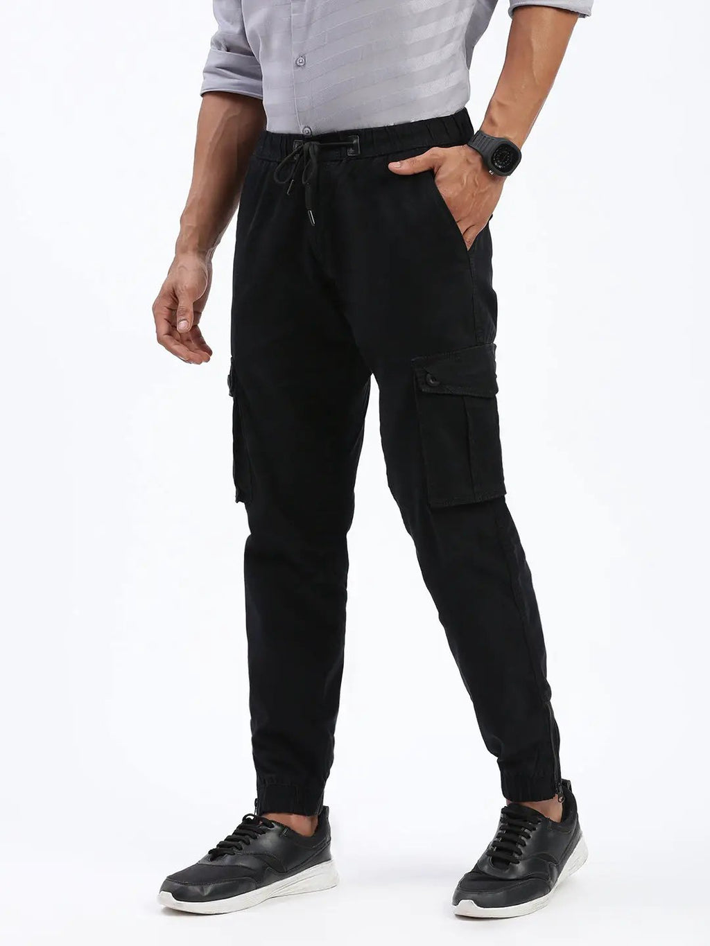 Men's Black Comfort Slim Fit Low-Rise Cotton Joggers Trousers