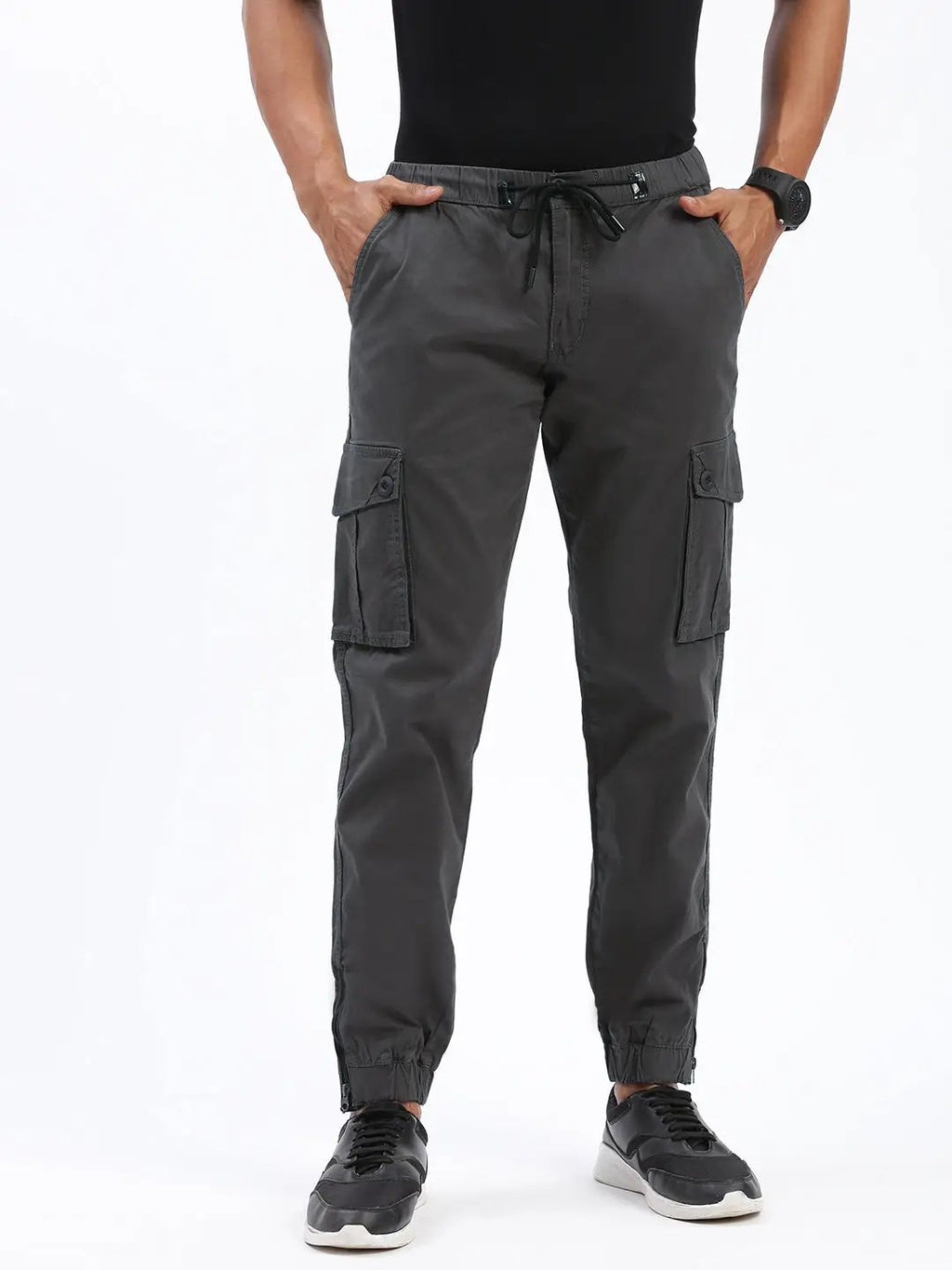 Men's Charcoal Comfort Slim Fit Low-Rise Joggers Trousers