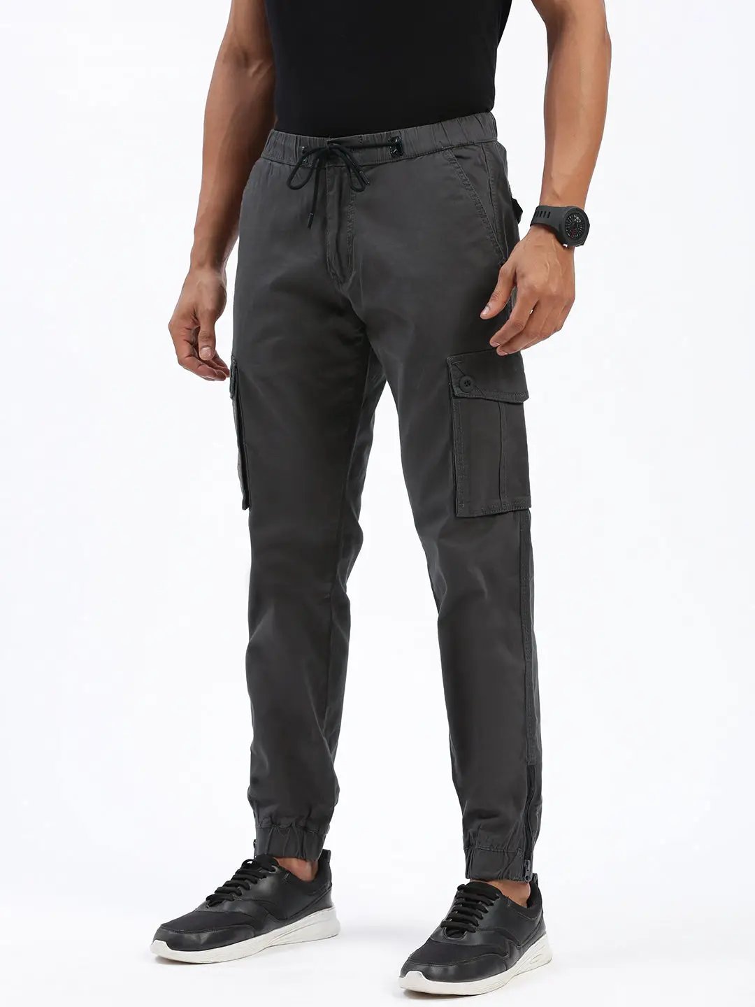 Men's Charcoal Comfort Slim Fit Low-Rise Joggers Trousers