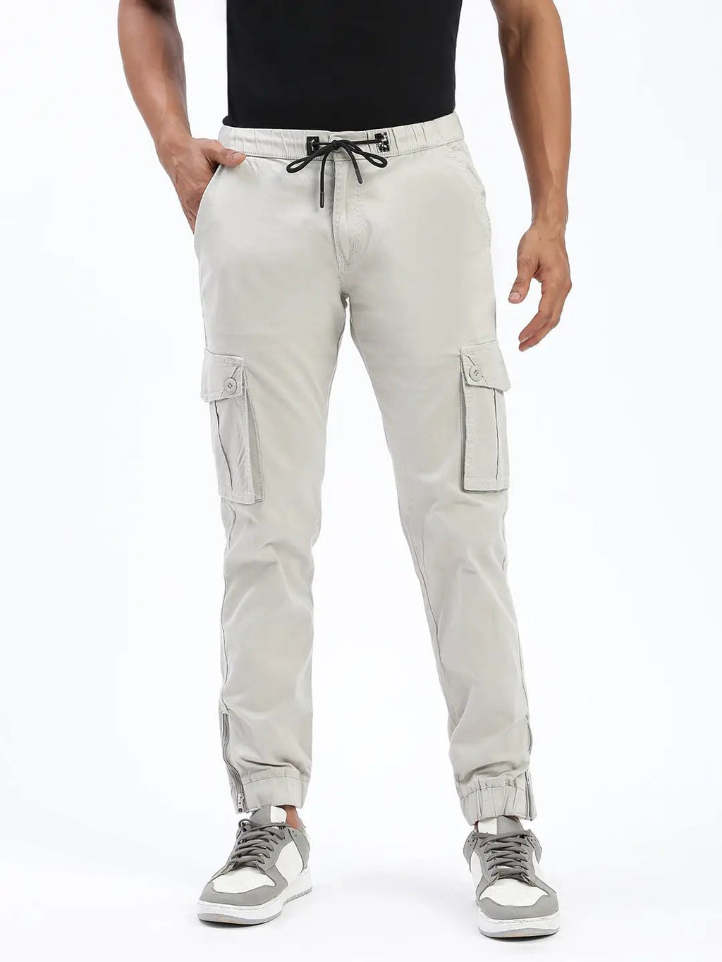 Men's Grey Cotton Comfort Slim Fit Low-Rise Joggers Trousers