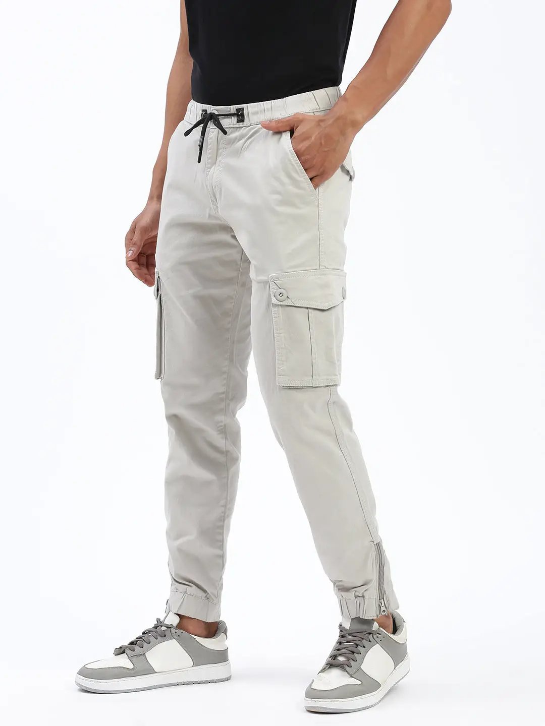 Men's Grey Cotton Comfort Slim Fit Low-Rise Joggers Trousers