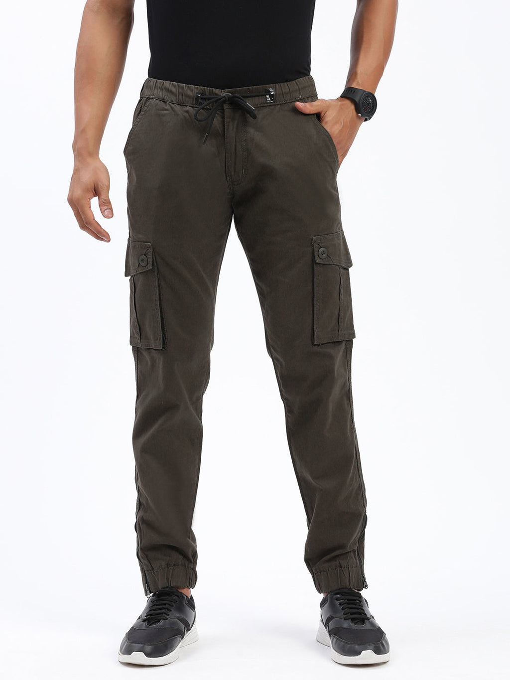 Men's Olive Comfort Slim Fit Low-Rise Cotton Joggers Trousers