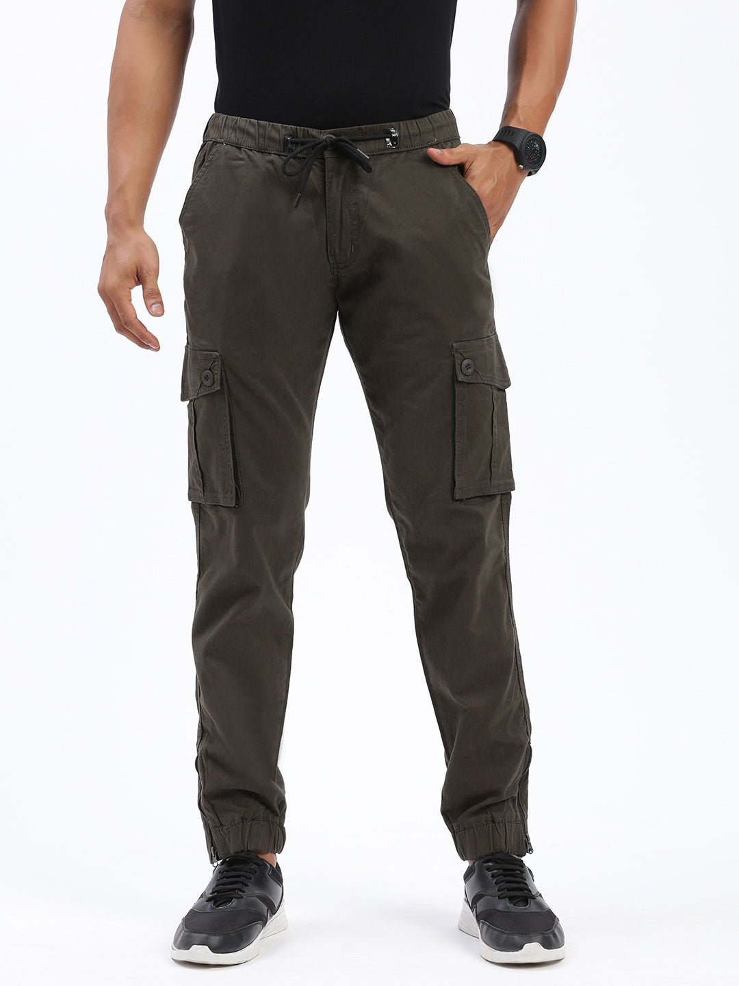 Men's Olive Comfort Slim Fit Low-Rise Cotton Joggers Trousers