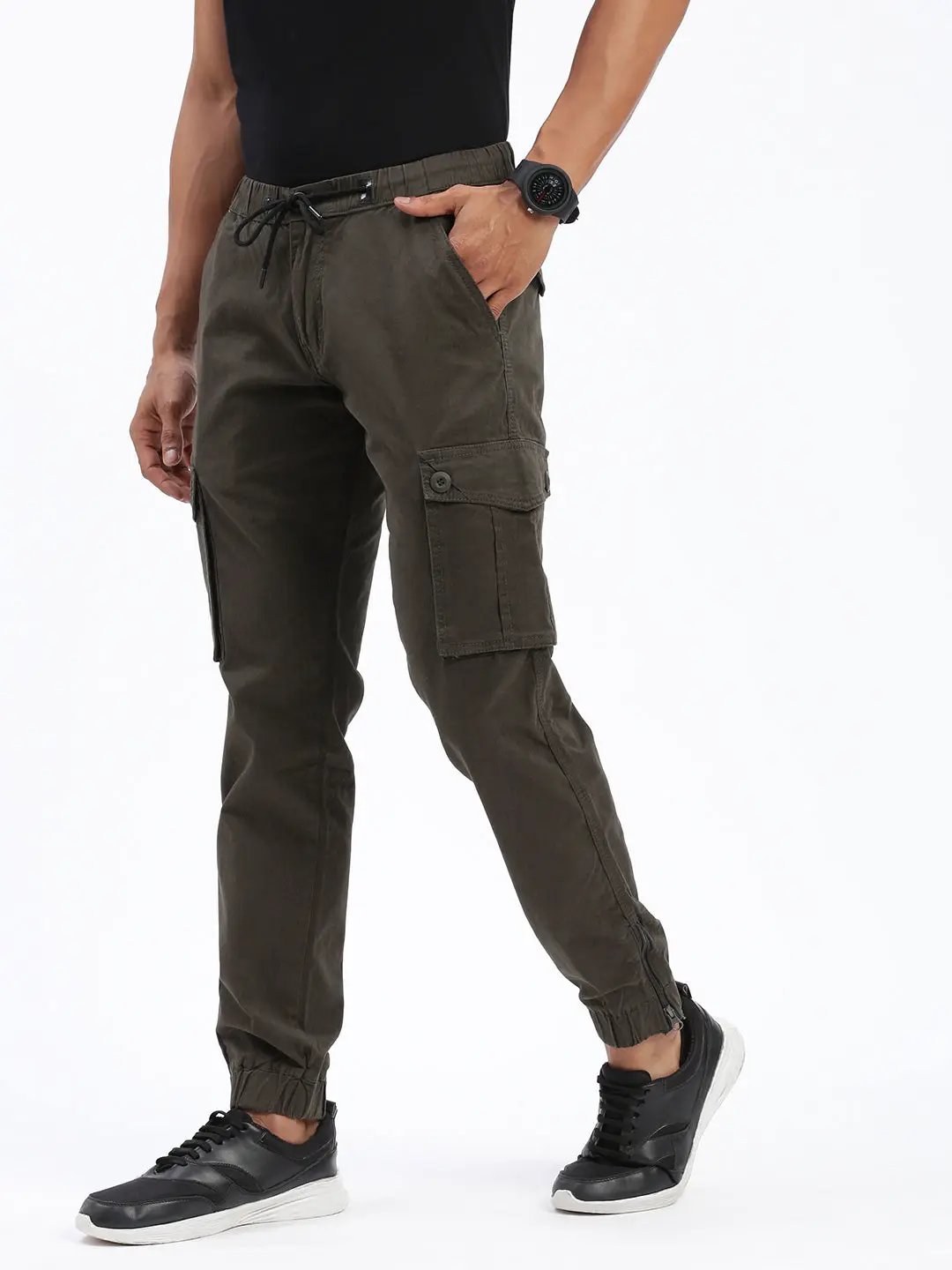 Men's Olive Comfort Slim Fit Low-Rise Cotton Joggers Trousers