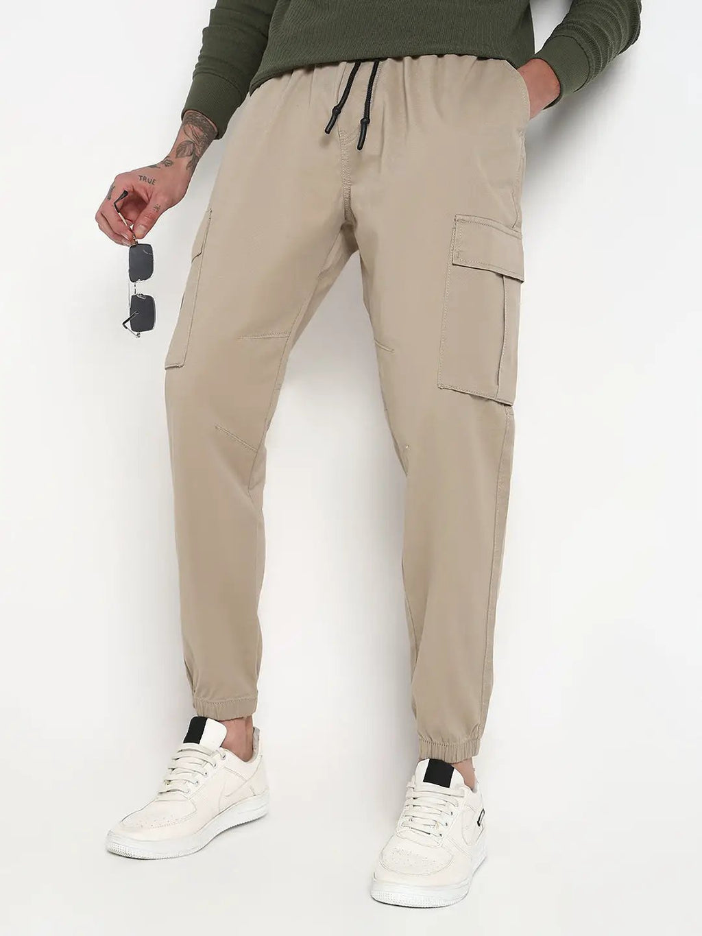Men's Beige Solid Cargo Joggers
