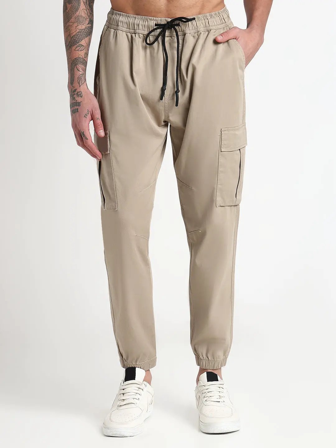 Men's Beige Solid Cargo Joggers