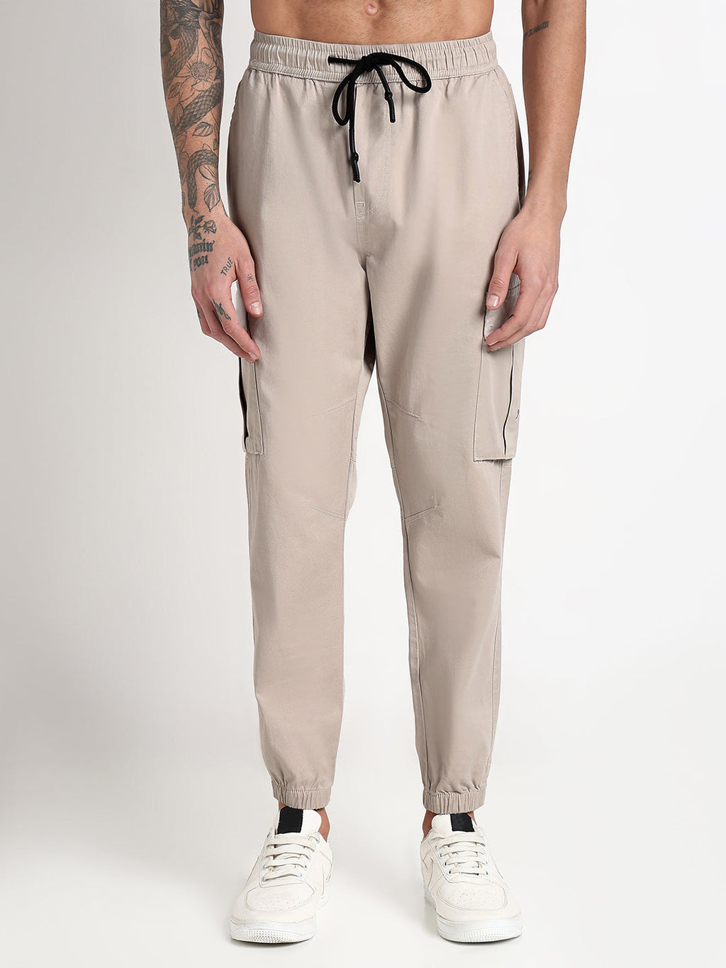 Men's Cream Solid Cargo Joggers