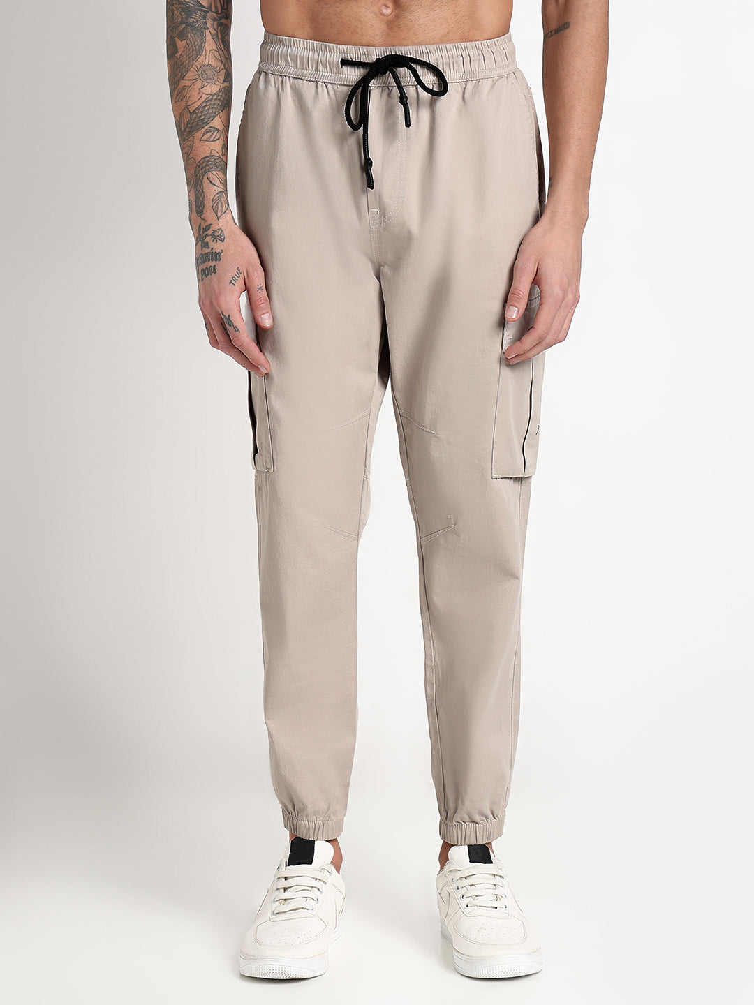 Men's Cream Solid Cargo Joggers