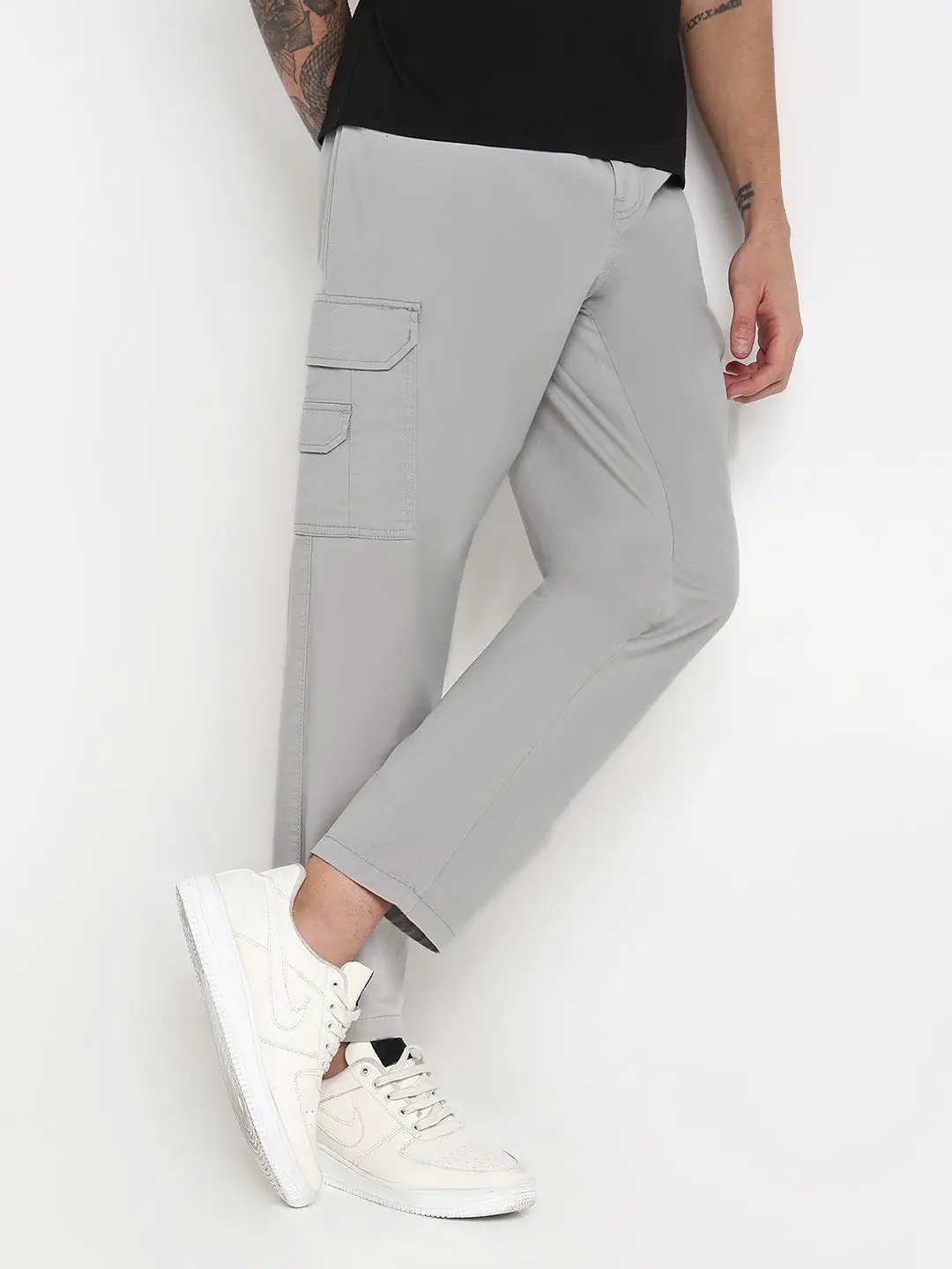 Men's Grey Solid Cargo Joggers