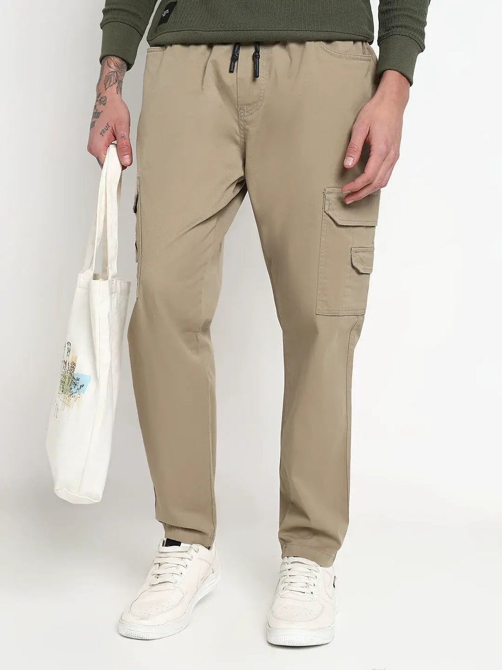 Men's Khaki Solid Cargo Drawstring Joggers