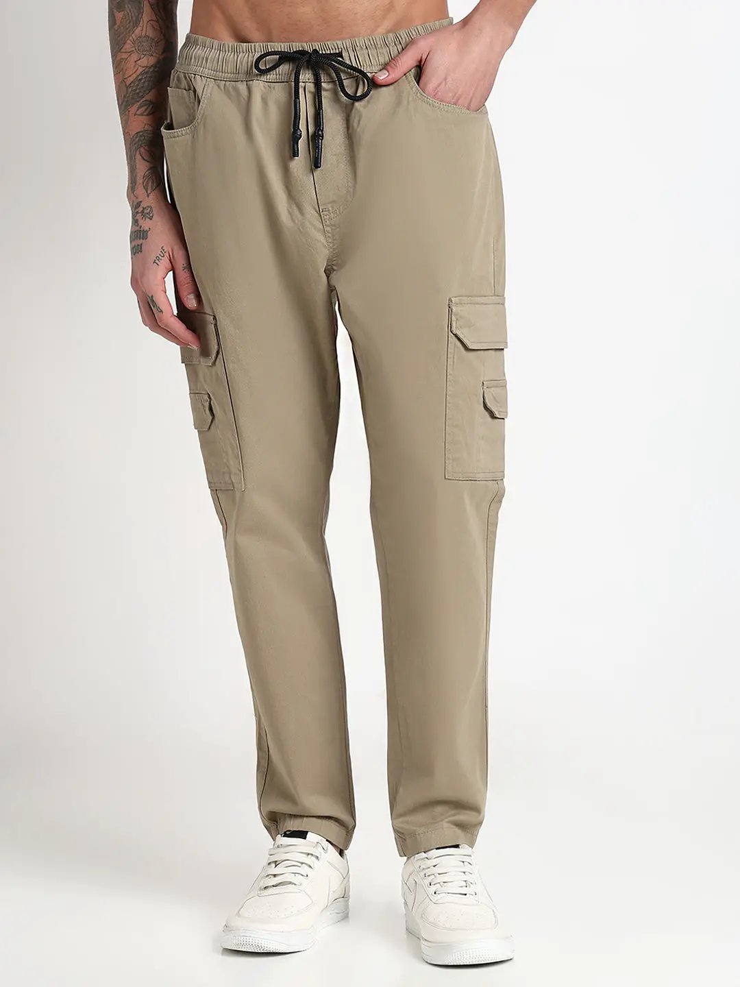 Men's Khaki Solid Cargo Drawstring Joggers