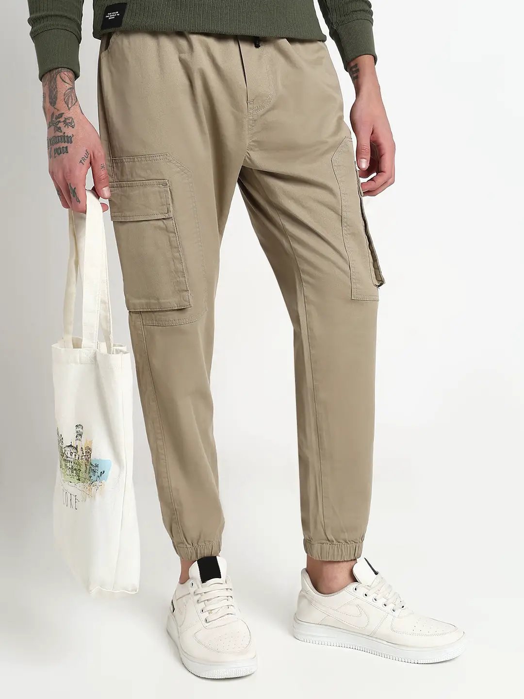 Men's Khaki Solid Cargo Joggers