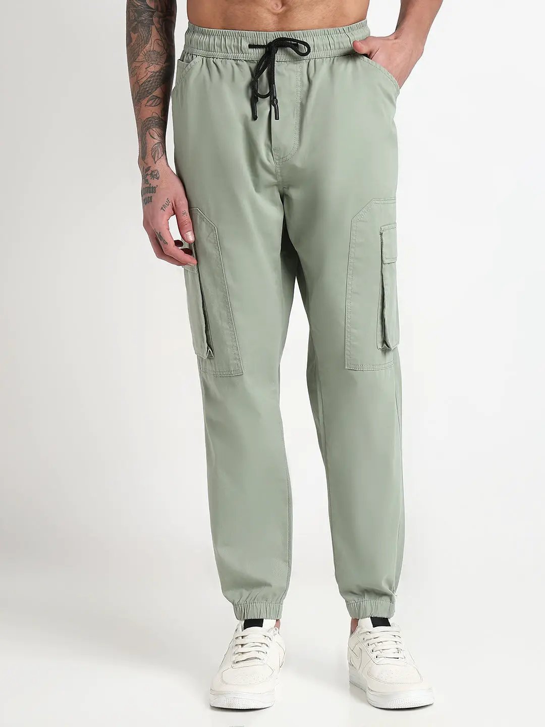 Men's Green Solid Cargo Joggers