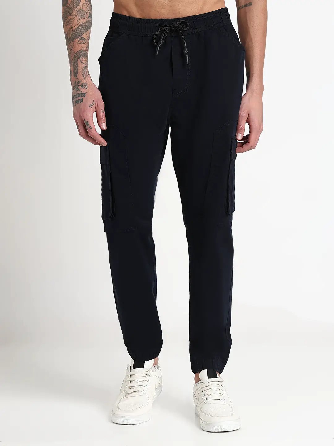 Men's Navy Blue Solid Cargo Joggers