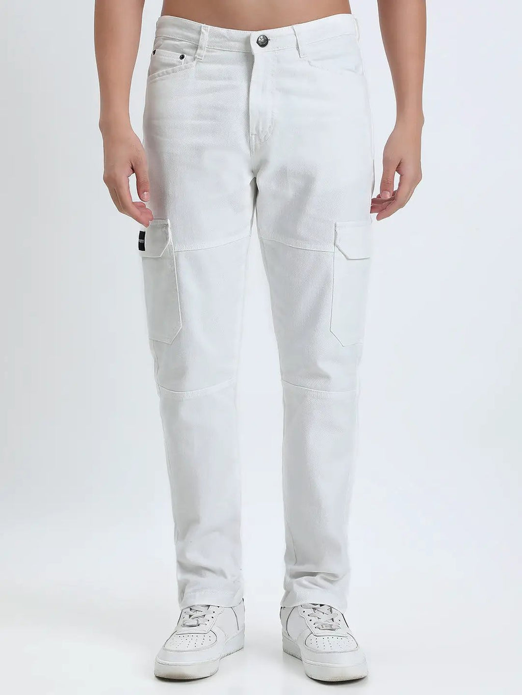 Men's White Slim Fit Cargo Jeans