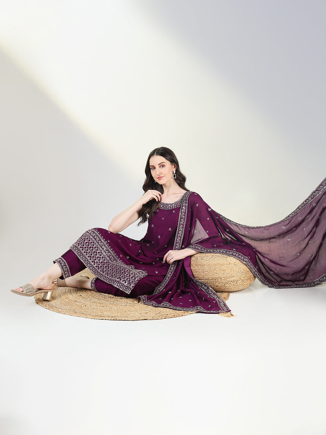 Women's Purple Embroidered Straight Kurta Set with Dupatta
