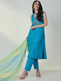 Women's Ethnic Solid Blue Straight Kurta Set with Dupatta