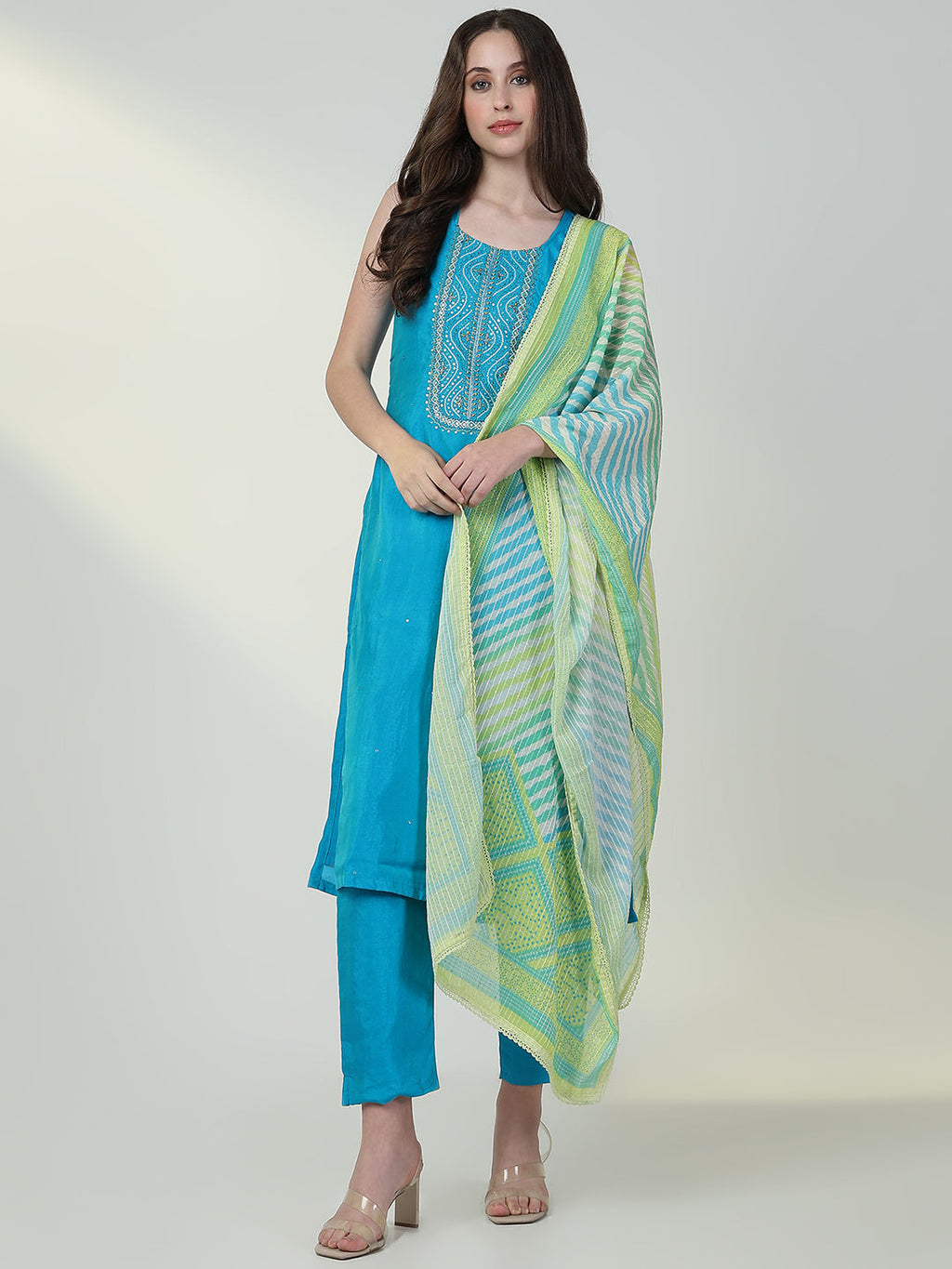 Women's Ethnic Solid Blue Straight Kurta Set with Dupatta
