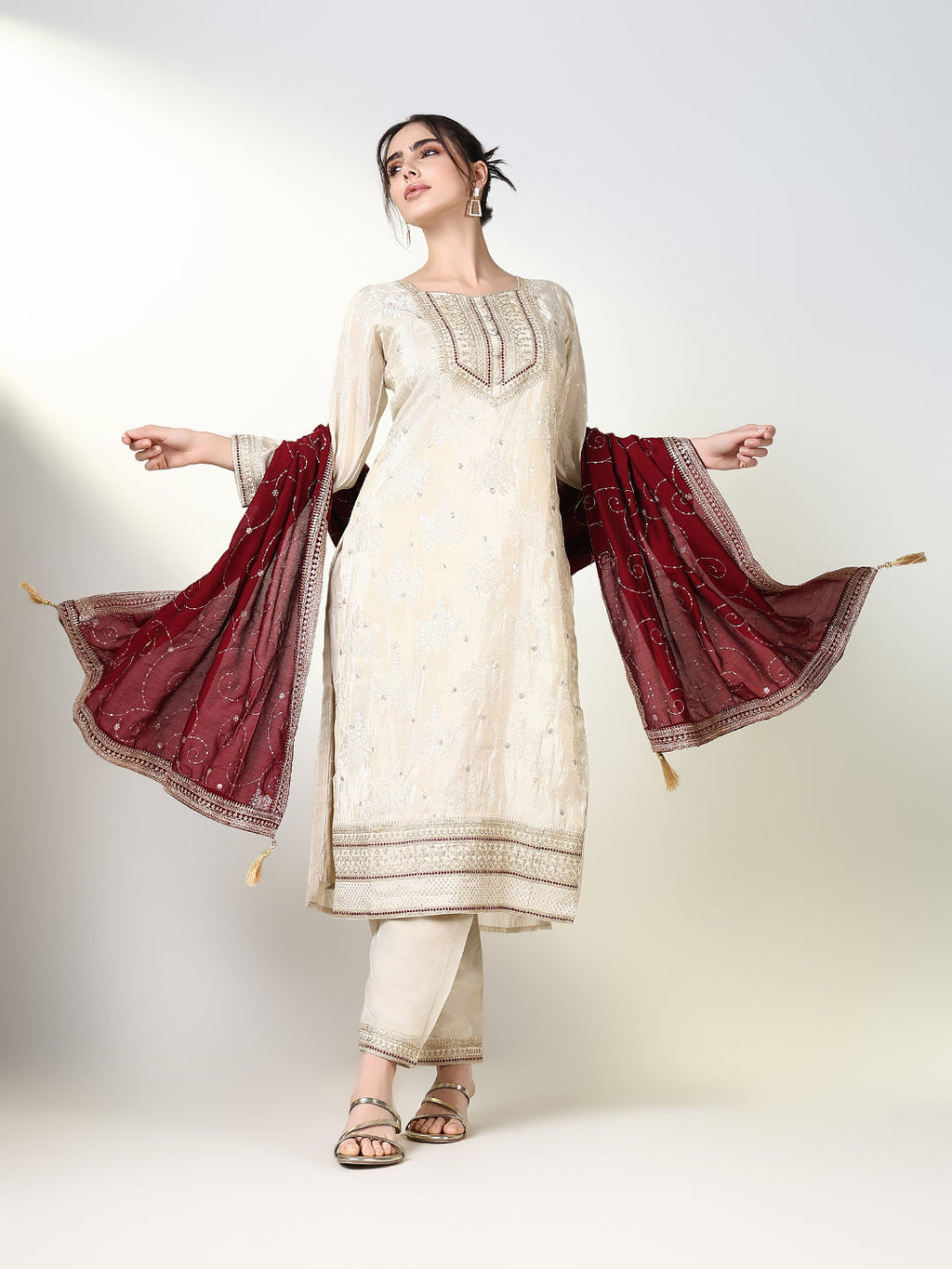 Women's Ethnic Floral Printed Cream Straight Kurta Set with Dupatta
