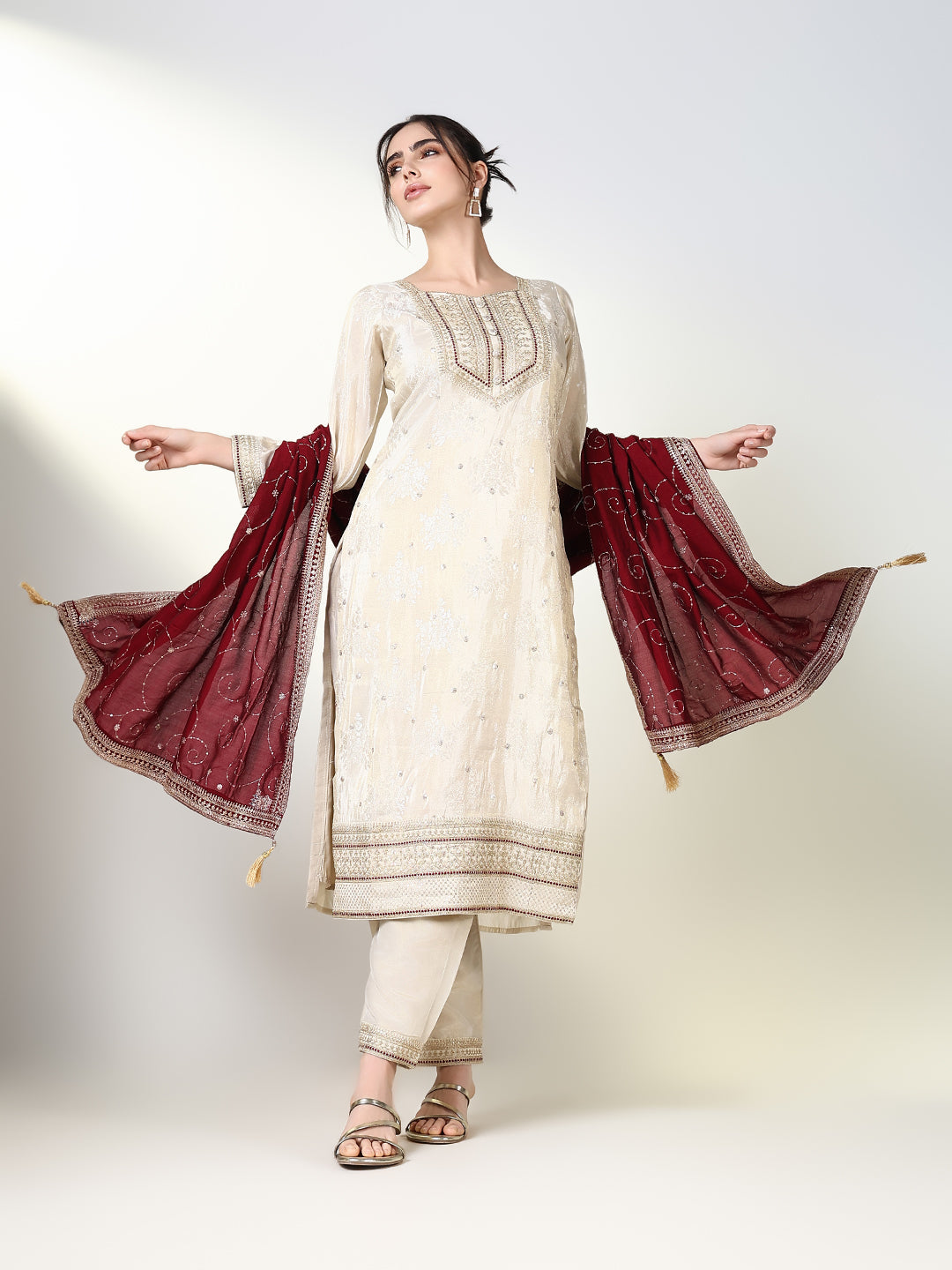 Women's Ethnic Floral Printed Cream Straight Kurta Set with Dupatta