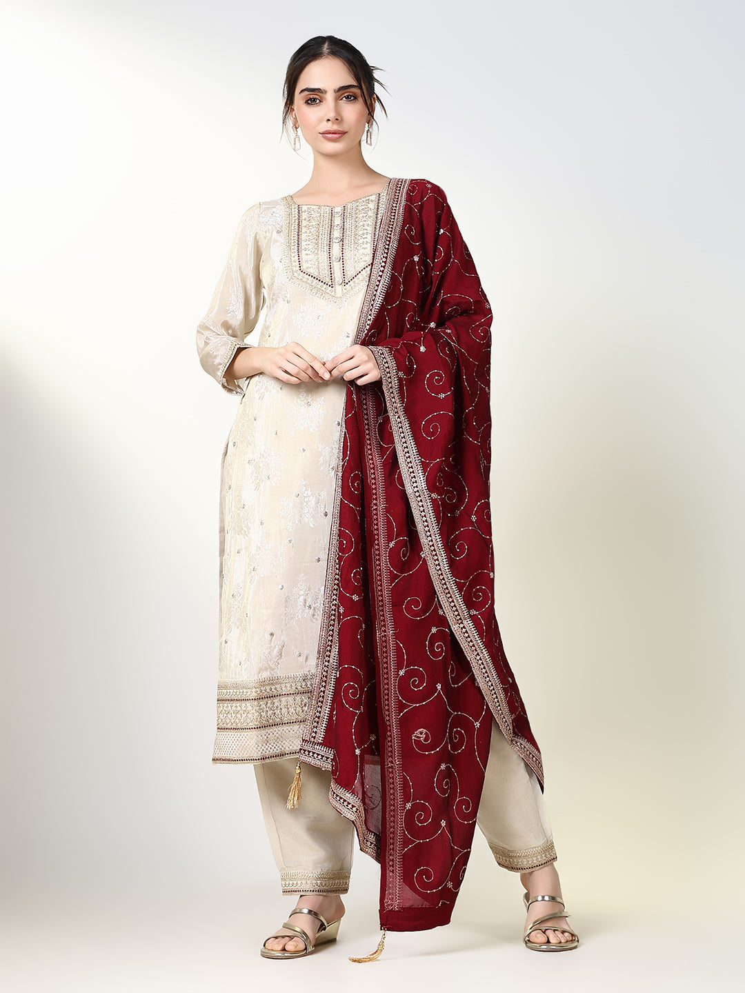 Women's Ethnic Floral Printed Cream Straight Kurta Set with Dupatta