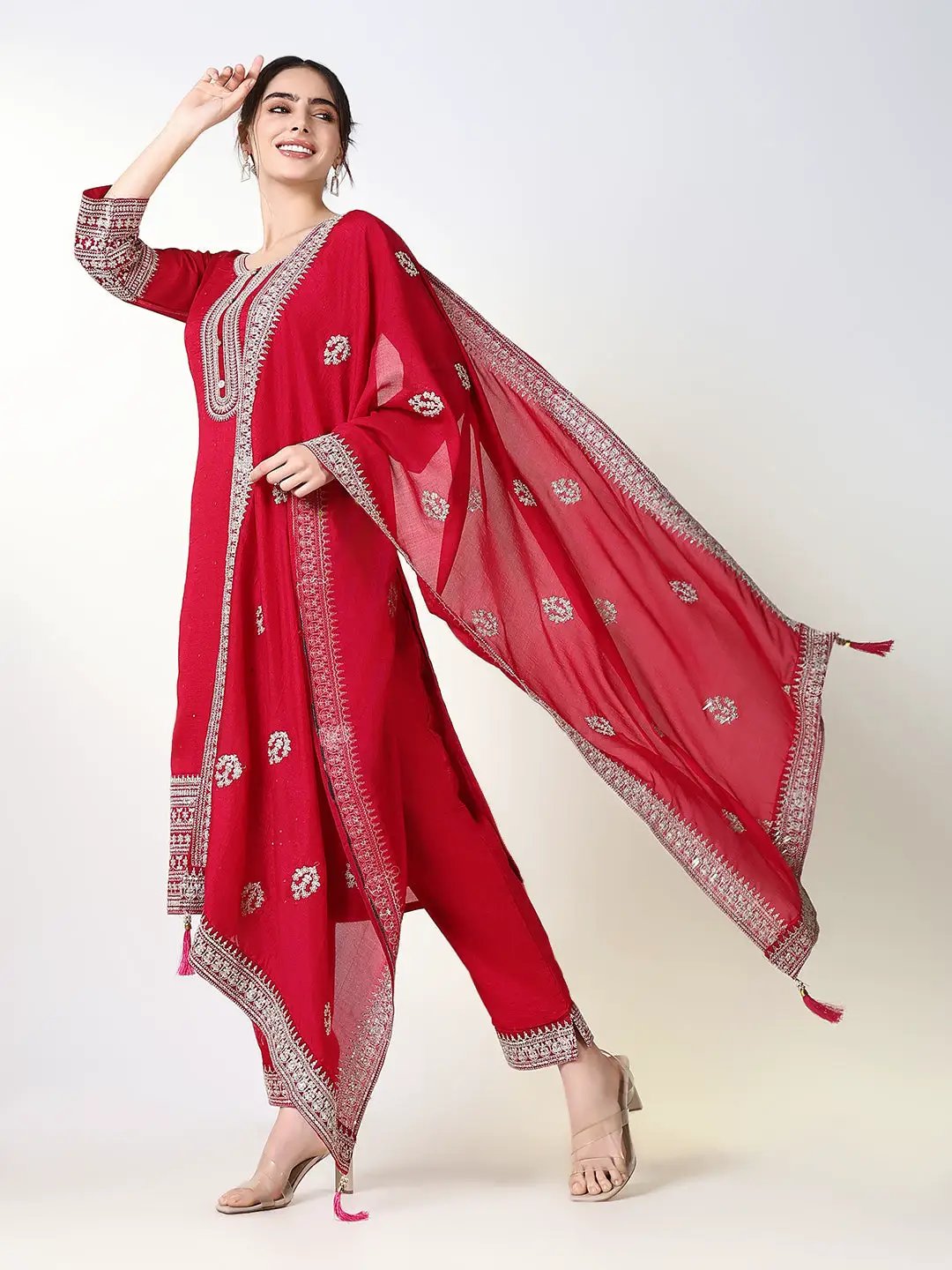 Women's Solid Ethnic Pink Straight Kurta Set with Dupatta