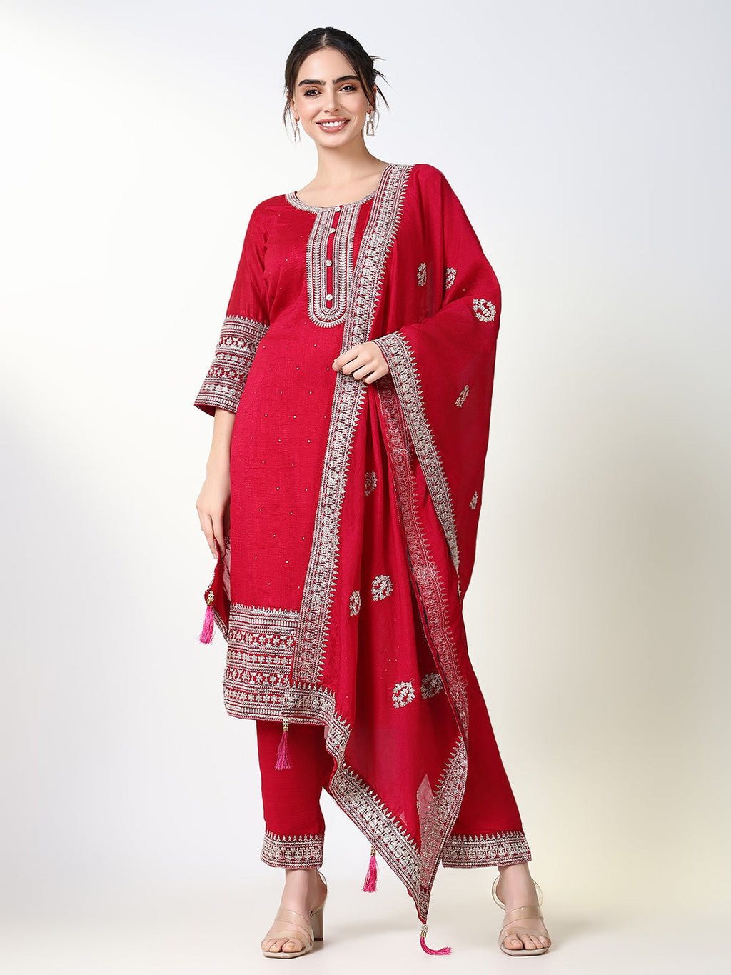 Women's Solid Ethnic Pink Straight Kurta Set with Dupatta