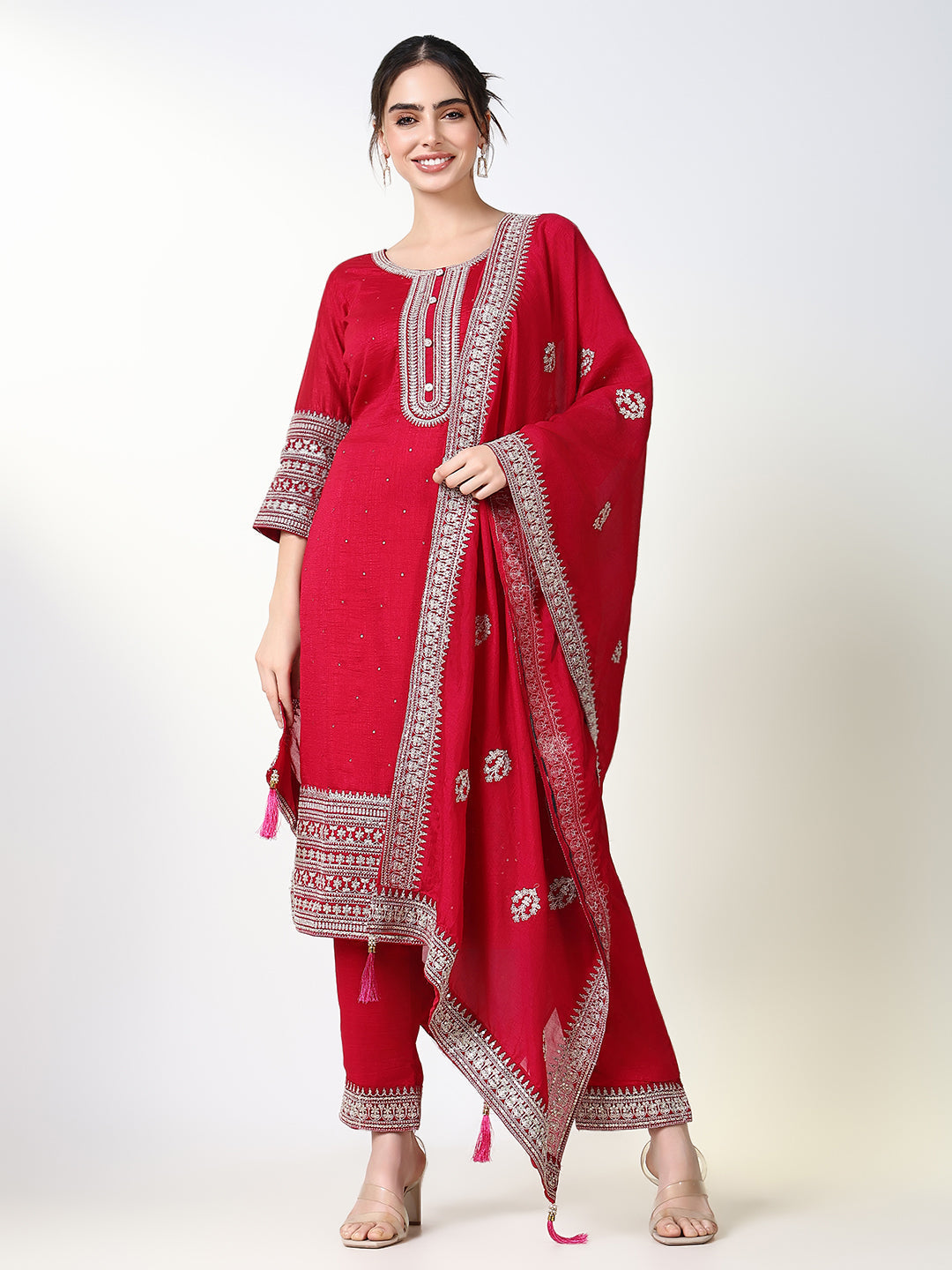 Women's Solid Ethnic Pink Straight Kurta Set with Dupatta