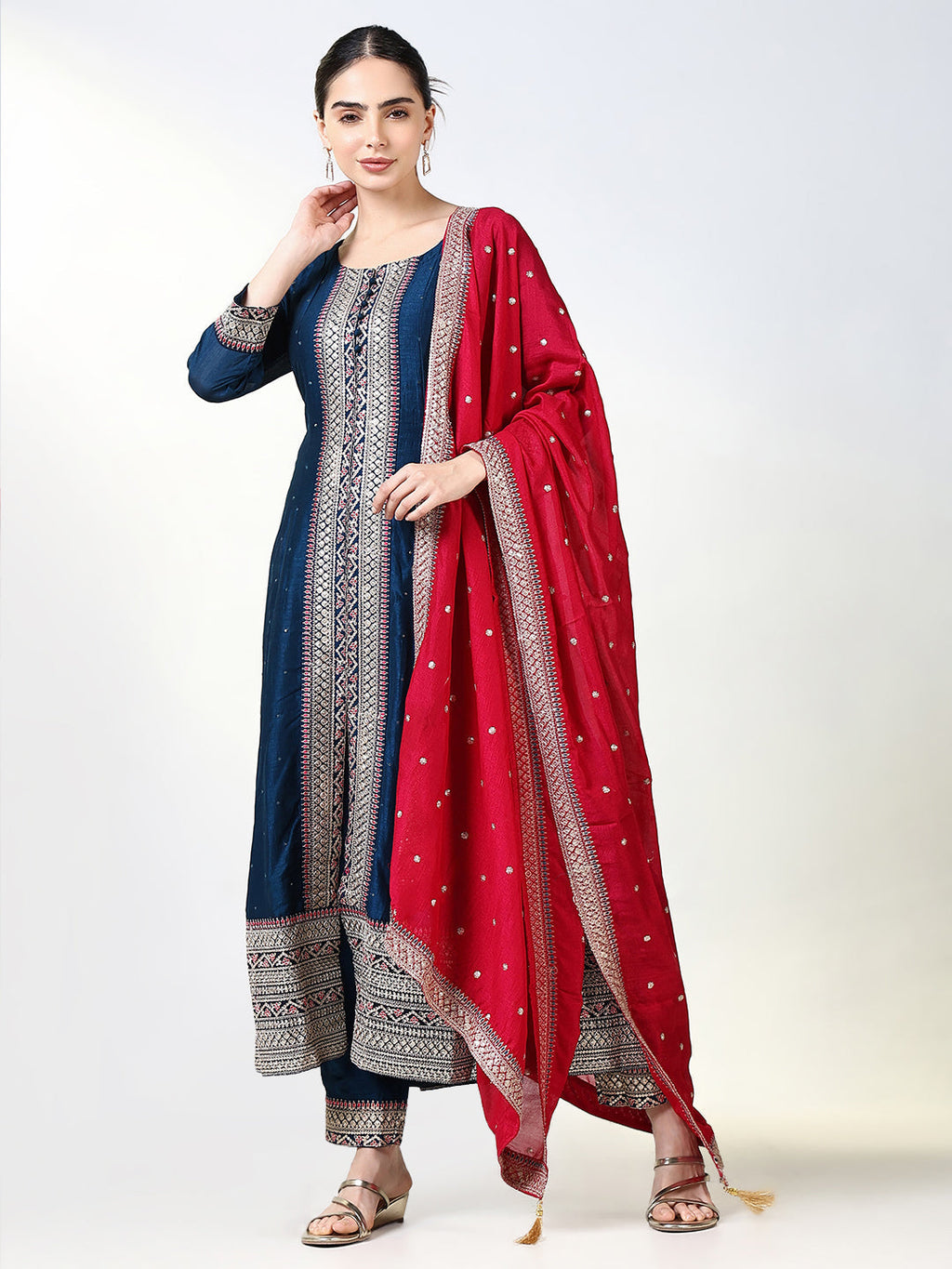 Women's Solid Navy Blue Anarkali Kurta Set with Dupatta