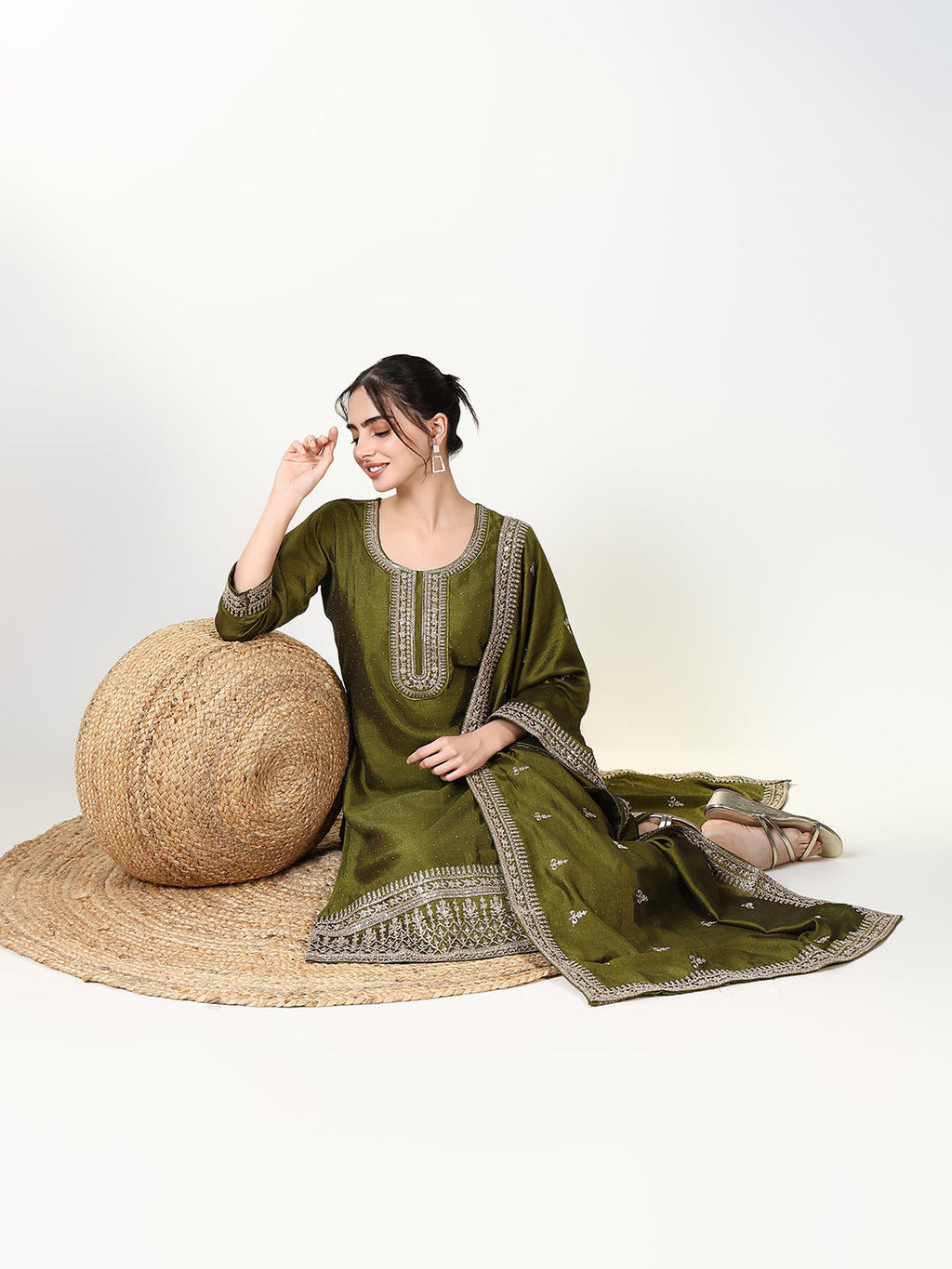Women's Solid Green Straight Kurta Set with Dupatta