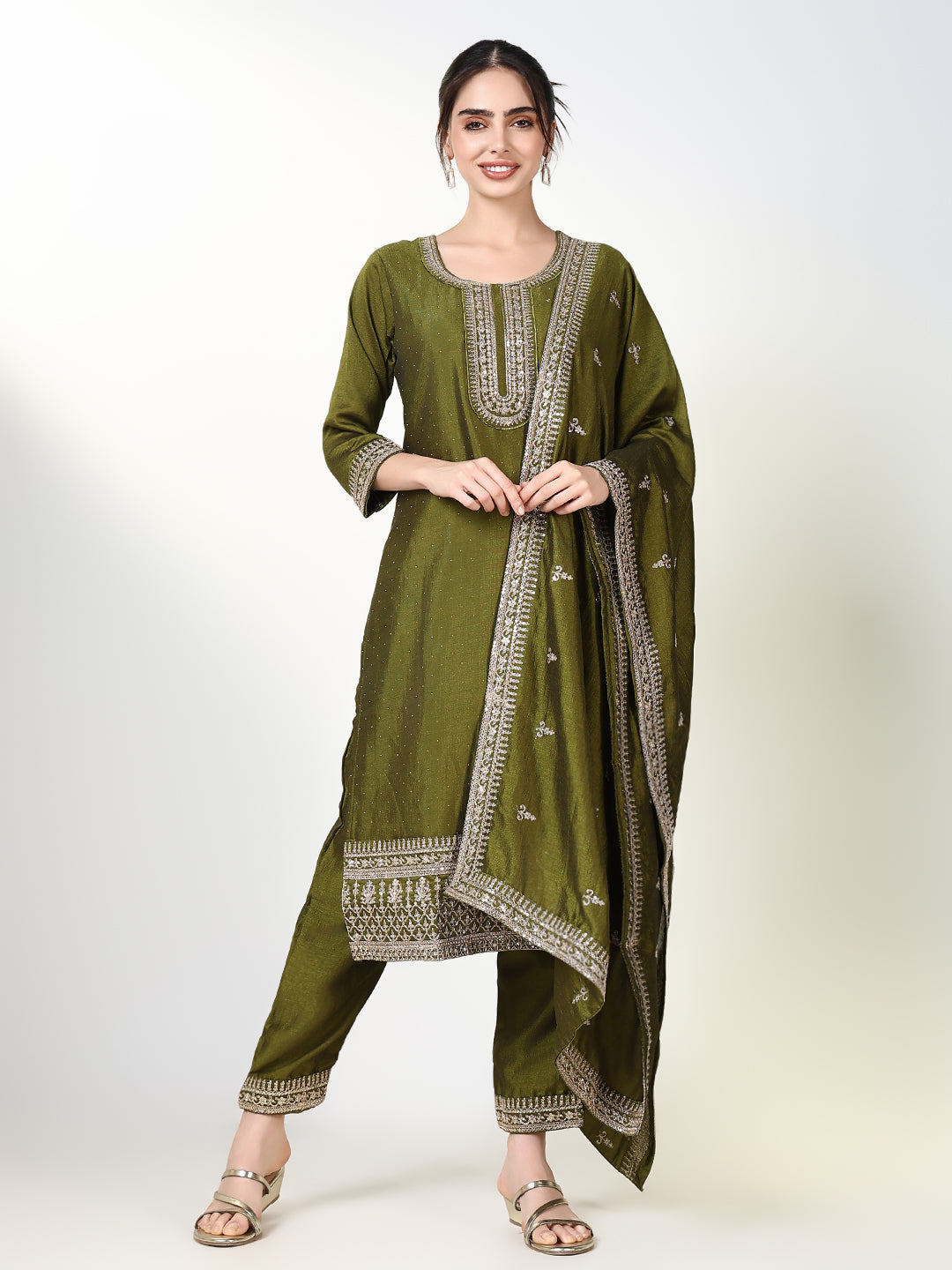 Women's Solid Green Straight Kurta Set with Dupatta