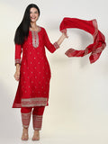 Women's Embroidered Red Kurta Set with Dupatta