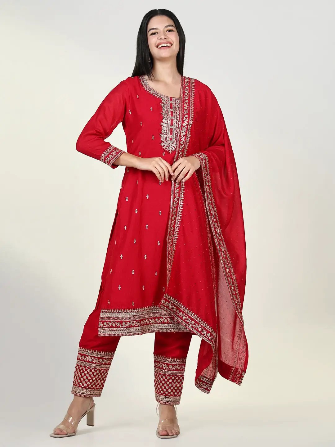 Women's Embroidered Red Kurta Set with Dupatta
