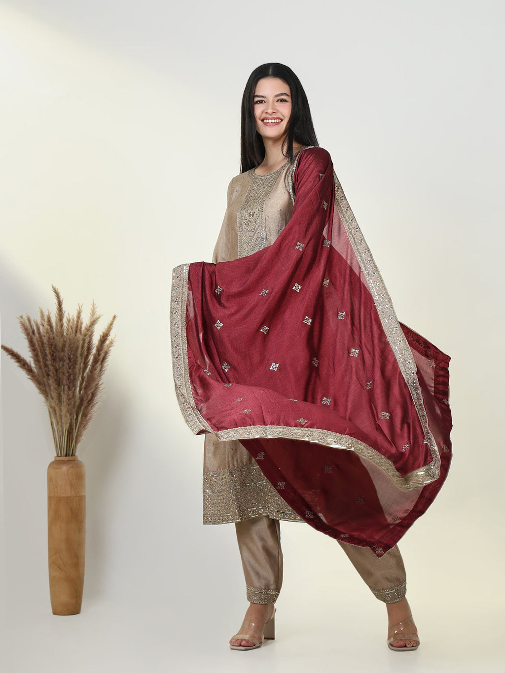 Women's Beige Embroidered Kurta Set with Dupatta