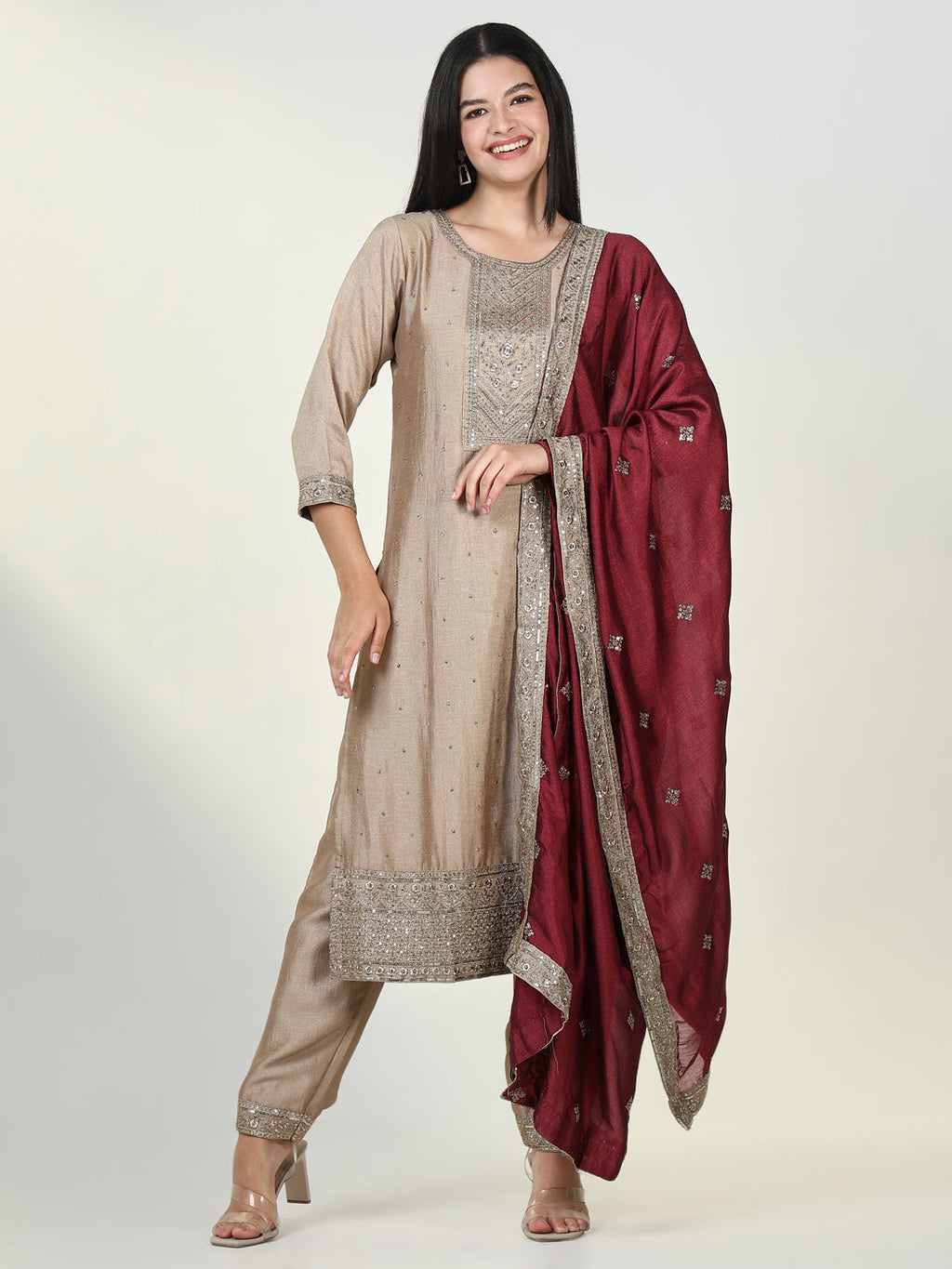 Women's Beige Embroidered Kurta Set with Dupatta