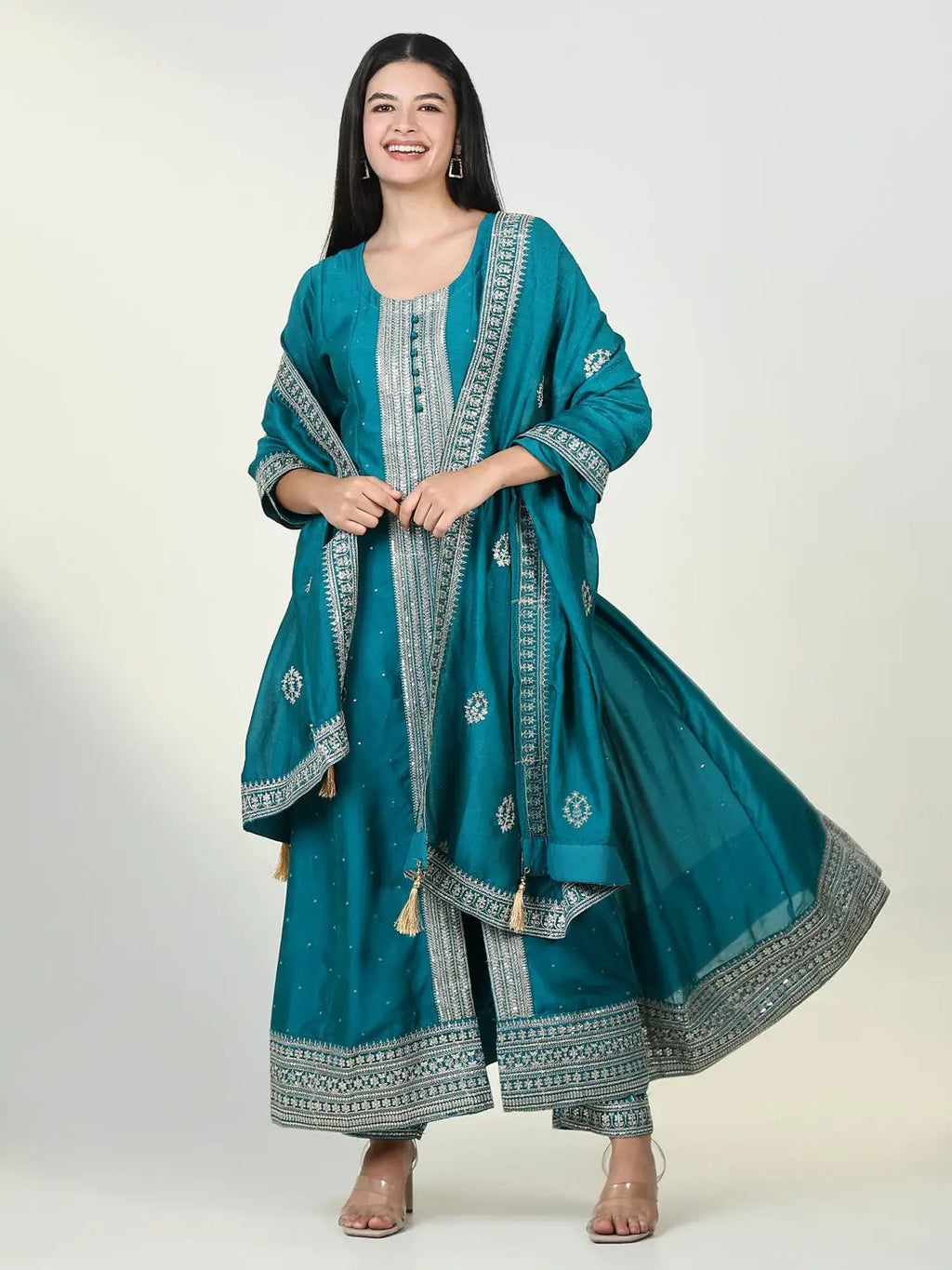 Women's Embroidered Blue Anarkali Kurta Set with Dupatta