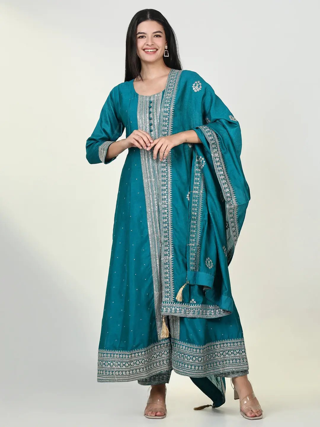 Women's Embroidered Blue Anarkali Kurta Set with Dupatta