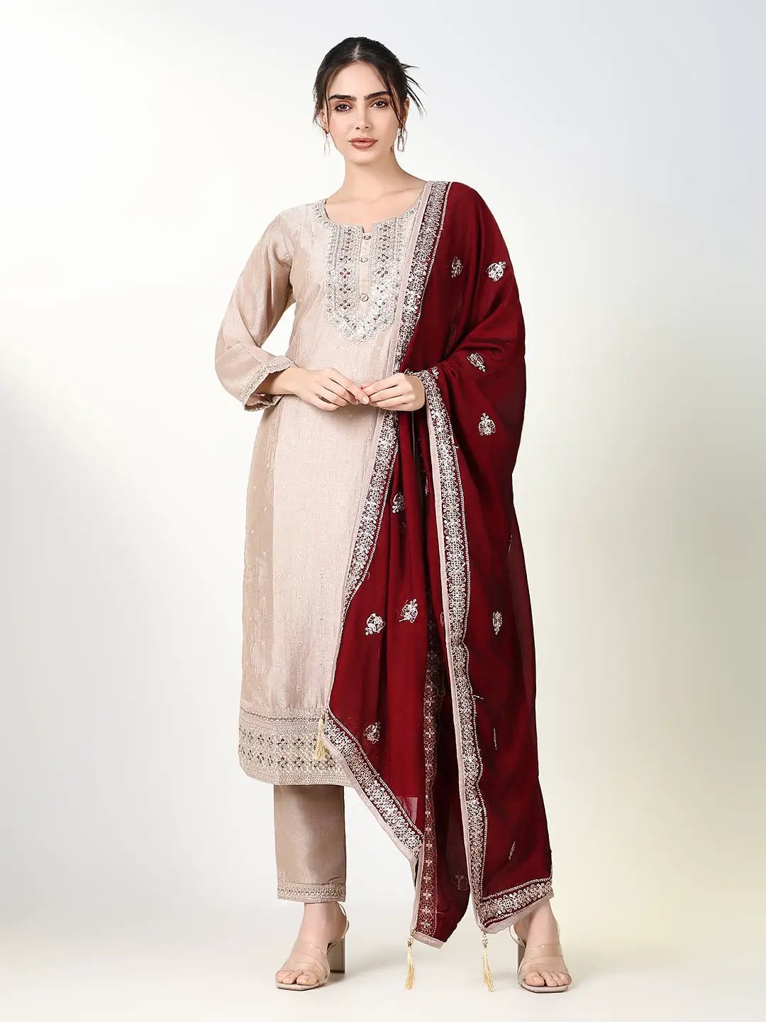 Women's Solid Ethnic Cream Straight Kurta Set with Dupatta