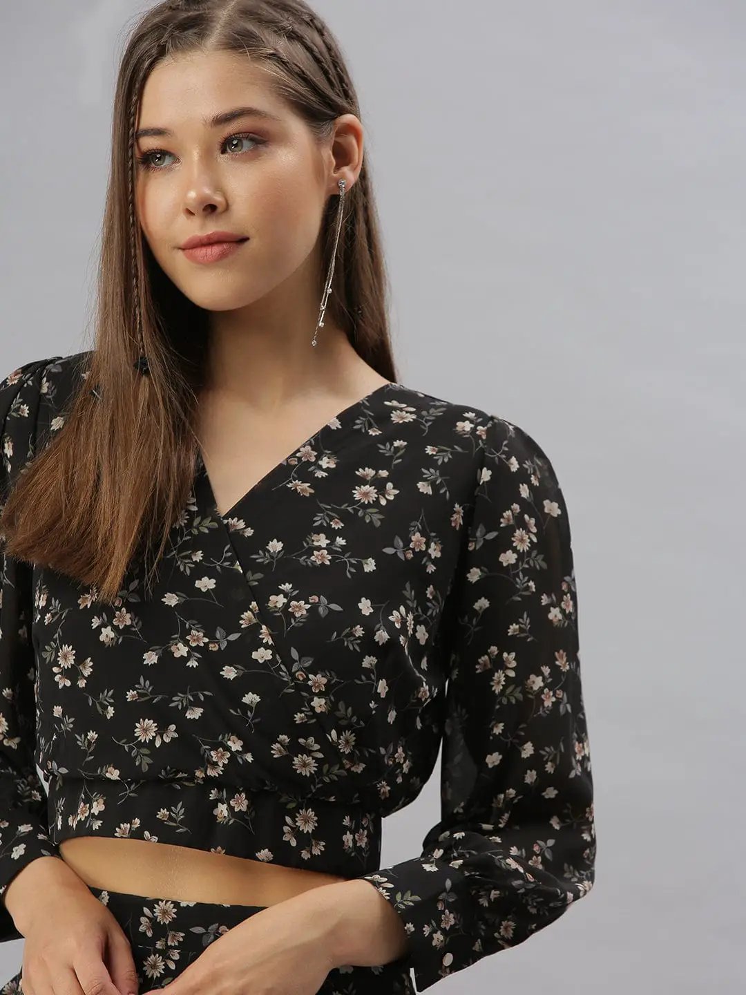 Women's V-Neck Printed Black Casual Co-Ords Set