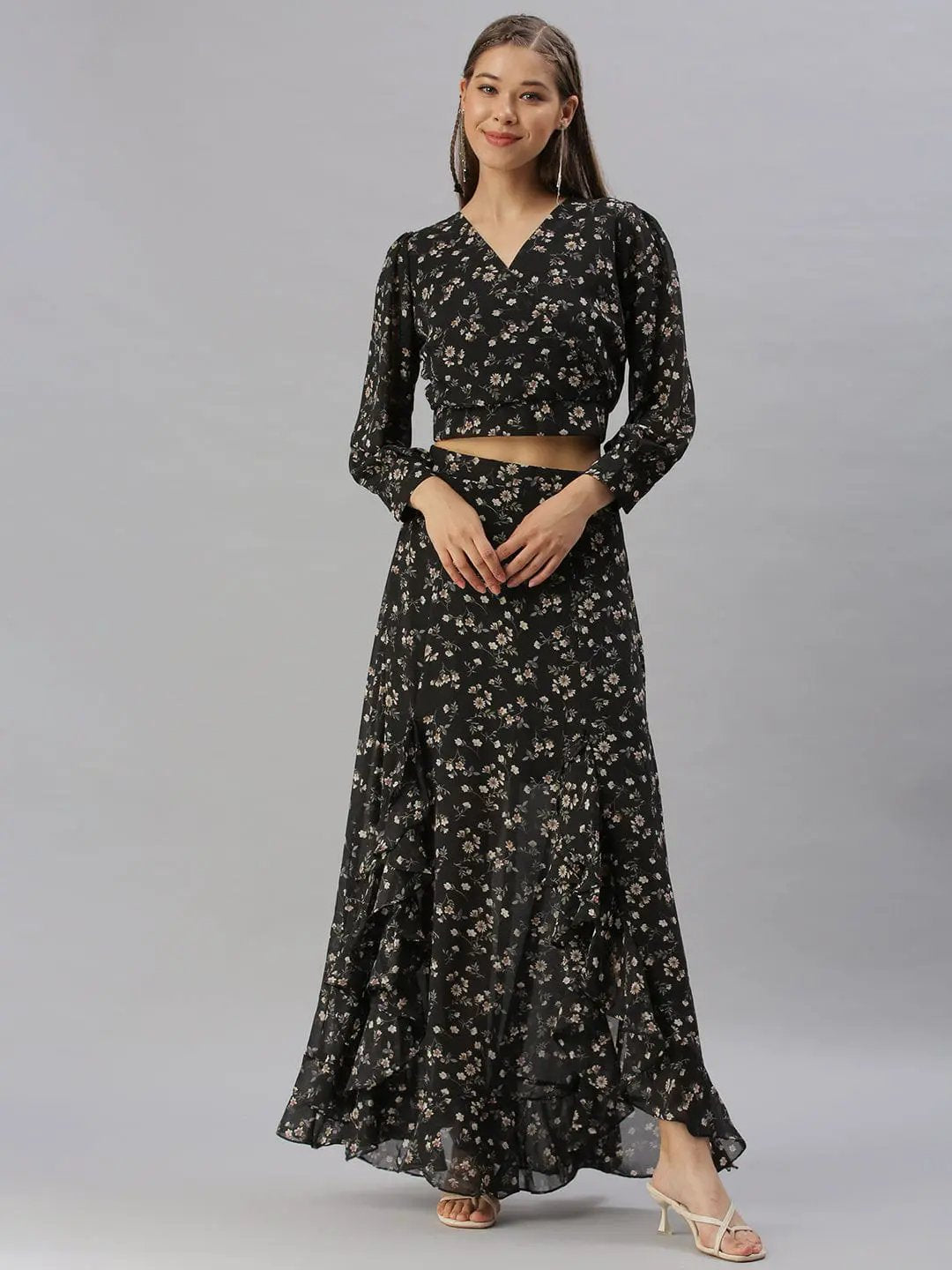 Women's V-Neck Printed Black Casual Co-Ords Set